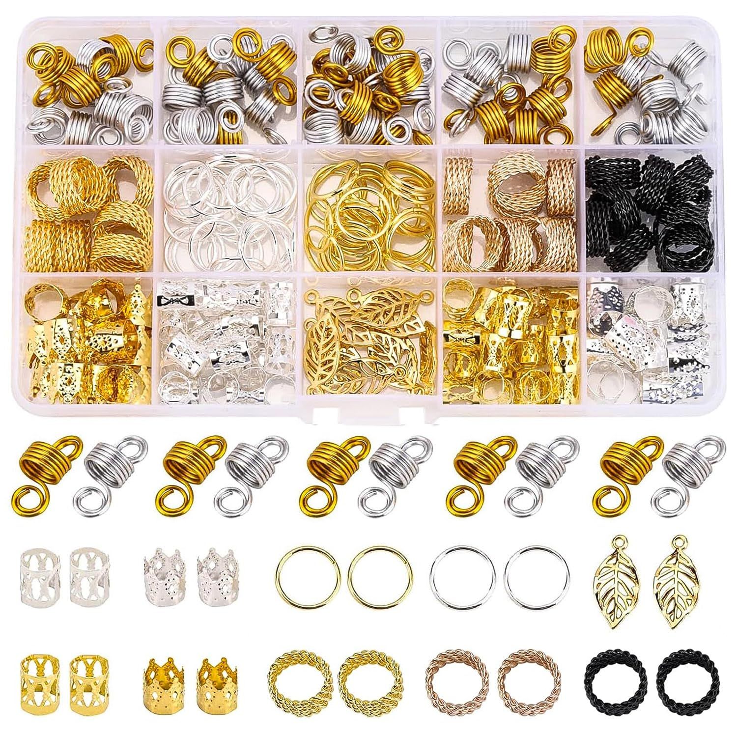 200 Pcs Loc Hair Jewelry for Braids, Metal Gold and Silver Hair Charms for Women, Hair Beads Rings Cuffs Dreadlocks Accessories Decoration