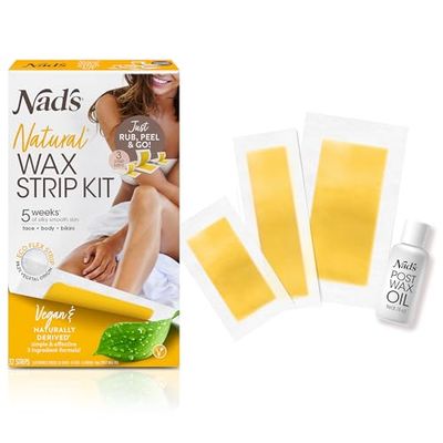 Nad&#39;s Natural Hair Removal Kit - 6 Face Strips, 20 Body Strips, 6 Bikini Strips + Post-Wax Oil for All Skin Types