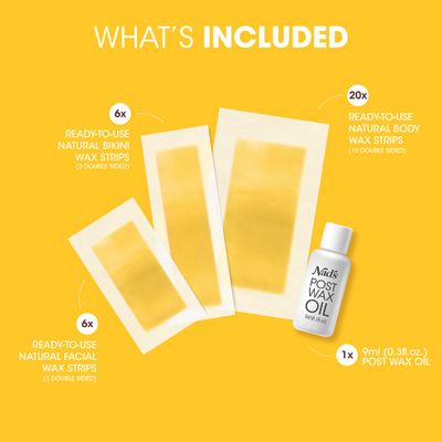Nad's Natural Hair Removal Kit - 6 Face Strips, 20 Body Strips, 6 Bikini Strips + Post-Wax Oil for All Skin Types