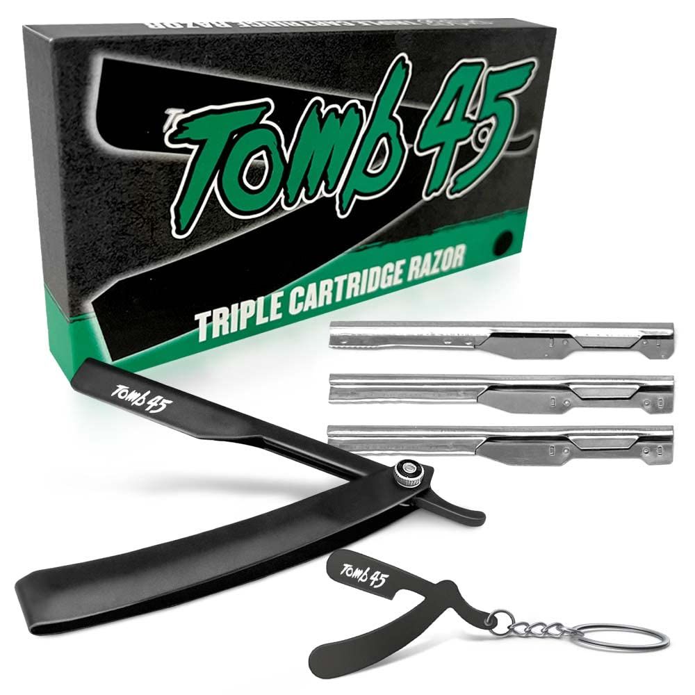 Tomb 45 Triple Cartridge Razor Holder | Disposable Razor Safety Handle For Barbers | 100% Metal Grip &amp; 3 Adjustable Blade Exposure Options For Shaving (Black)