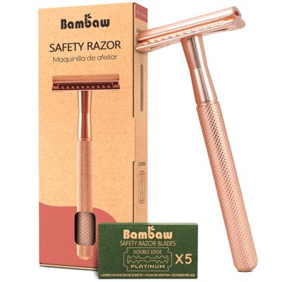Bambaw Safety Razor for Women with 5 Double Edge Safety Razor Blades, Double Edge Razor, Reusable Razor, Plastic Free - Rose Gold