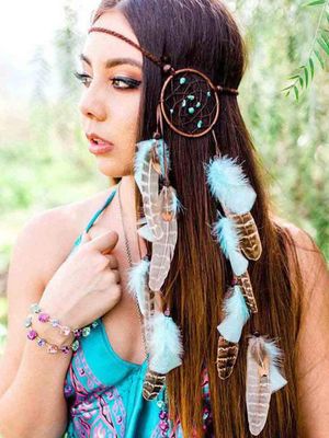 Outyua Boho Feather Head Accessories Thurquoise Feather Headbands Long Feather Headpices Festival Wedding Indian Gpysy Hair Jewelry Accessories for Women and Girls