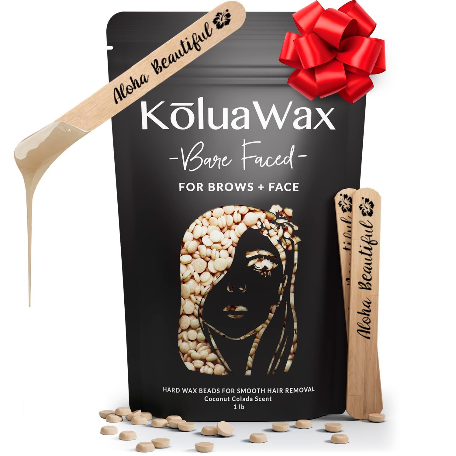 KoluaWax Hard Wax Beads for Hair Removal - Coarse Hair Formula - Face, Brazilian, Underarms, Back Chest, Bikini Waxing - Coconut Colada, 1lb Refill for Wax Warmers &amp; 10 Large Applicator Sticks