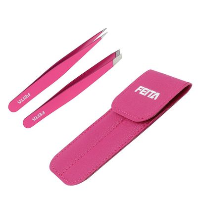 Precision Tweezers for Eyebrows - FEITA Professional Stainless Steel Slant &amp; Pointed Eyebrow Tweezer Set with Travel Case for Woman Facial Hair Removal Clip (Pink - 2 Pcs)