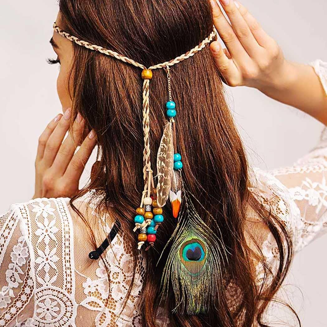 Campsis Indian Peacock Feather Headbands Boho Princess Head Chain Bule Adjust Headdress Handmade Rope Hair Accessories for Women and Girls (G)