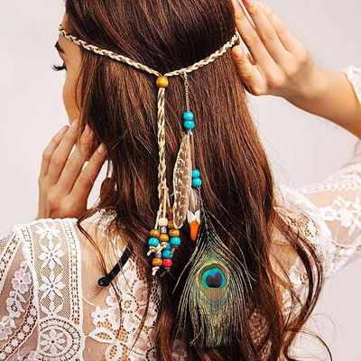 Campsis Indian Peacock Feather Headbands Boho Princess Head Chain Bule Adjust Headdress Handmade Rope Hair Accessories for Women and Girls (G)