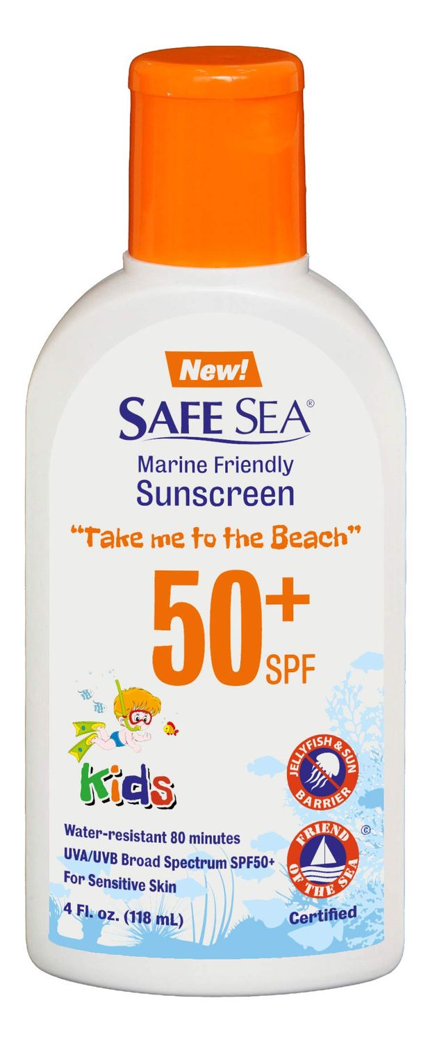 Safe Sea Jellyfish Sting-Blocking Sunscreen for Kids, SPF 50+ Lotion 4oz, Waterproof, Biodegradable, Coral Reef-Safe - Body and Face Sunscreen, Anti-Jellyfish and Sea-Lice sting protection.