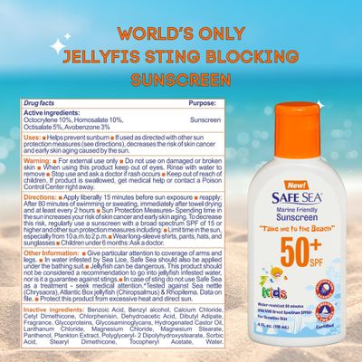 Safe Sea Jellyfish Sting-Blocking Sunscreen for Kids, SPF 50+ Lotion 4oz, Waterproof, Biodegradable, Coral Reef-Safe - Body and Face Sunscreen, Anti-Jellyfish and Sea-Lice sting protection.