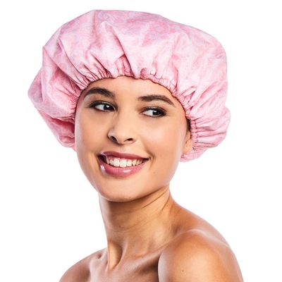 Reusable Nylon Shower Cap &amp; Bath Cap, Reversible Oversized Waterproof Shower Caps Large Designed for all Hair Lengths w Terry Lining &amp; Elastic Band Stretch Hem Hair Hat - Socialite Pretty in Pink Lace