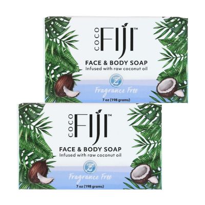Coco Fiji Soap Bar for Face and Body Infused With Organic Coconut Oil, Fragrance Free, Essential Oil, Natural Soap for Moisturizing &amp; Pore Purifying Skin, 7 oz,Pack of 2