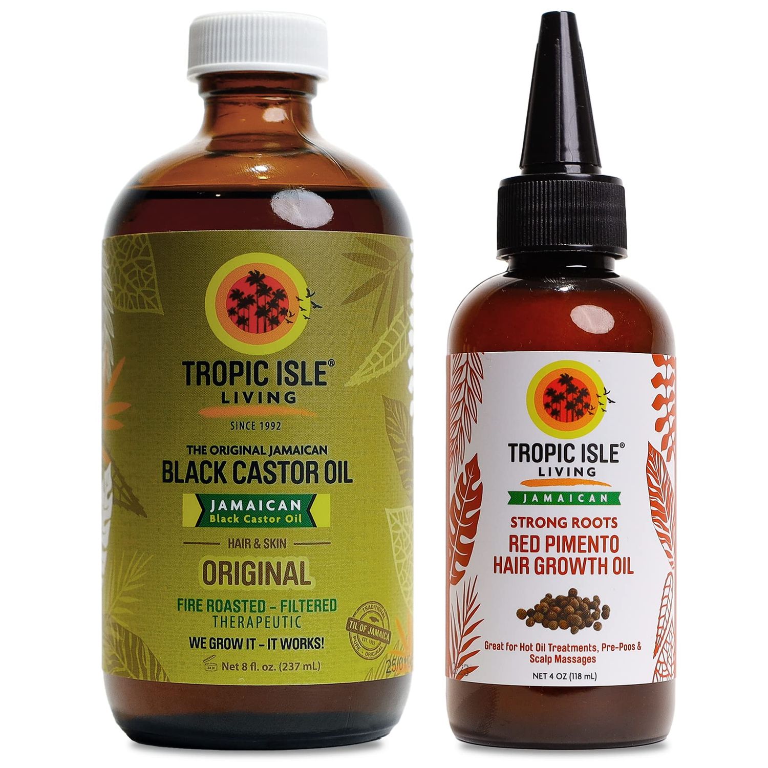 Tropic Isle Living Jamaican Black Castor Oil 8oz &amp; Red Pimento Hair Growth Oil Set with Vitamin E, Omega Fatty Acids &amp; Minerals - for Hair Growth, Skin Conditioning, Eyebrows &amp; Eyelashes 4oz