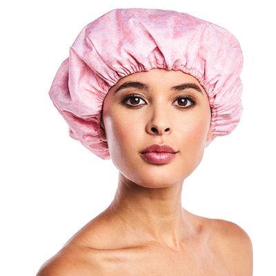 Reusable Nylon Shower Cap &amp; Bath Cap, Reversible Oversized Waterproof Shower Caps Large Designed for all Hair Lengths w Terry Lining &amp; Elastic Band Stretch Hem Hair Hat - Socialite Pretty in Pink Lace