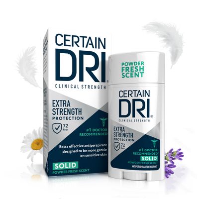 Certain Dri Extra Strength Clinical Solid Antiperspirant, Hyperhidrosis Treatment for Men &amp; Women, Long-Lasting 72hr Protection, Effective Sweat Control, Travel Friendly, Powder Fresh Scent, 1.7oz