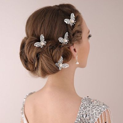 yueton Pack of 20 Butterfly Pearl Crystal Hair Pin Bride Headwear Hair Accessories (Silver)