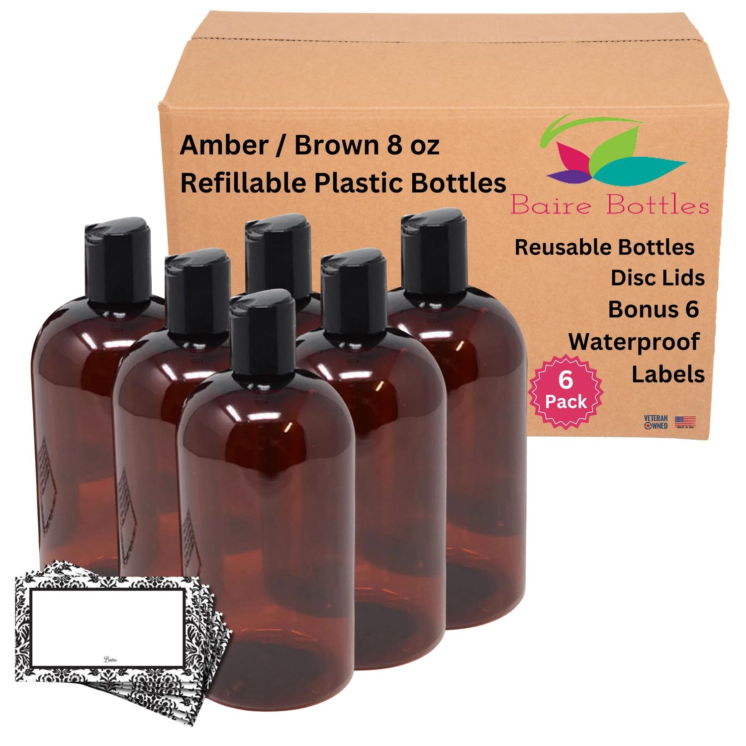 Baire Bottles 8 oz Empty Refillable Plastic Bottles with Squeeze Top, Hand-Press Lids - Hand Soap, Shower, Lotion, Homeopathy, Travel, 6 Pack PET, BPA Free USA (Amber/Brown, Black Disc, Damask Labels)