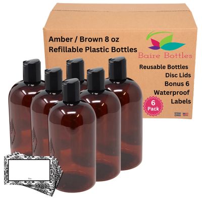 Baire Bottles 8 oz Empty Refillable Plastic Bottles with Squeeze Top, Hand-Press Lids - Hand Soap, Shower, Lotion, Homeopathy, Travel, 6 Pack PET, BPA Free USA (Amber/Brown, Black Disc, Damask Labels)
