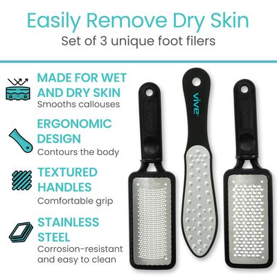 Vive Foot File (3 Pack) - Feet Scraper for Dead Skin - Heel Grater, Callus Remover Scrubber Tool, Rasp for Cracked Heels - Stainless Steel Pedicure Filer for Men &amp; Women - Use on Wet or Dry Skin