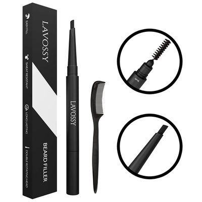 LAVOSSY Beard Pencil Filler for Men - Long Lasting and Easy to Use Beard Pen with blending brush results in a sleek &amp; natural look, Water/Sweat Proof beard filler (1 Count (Pack of 1), Black)