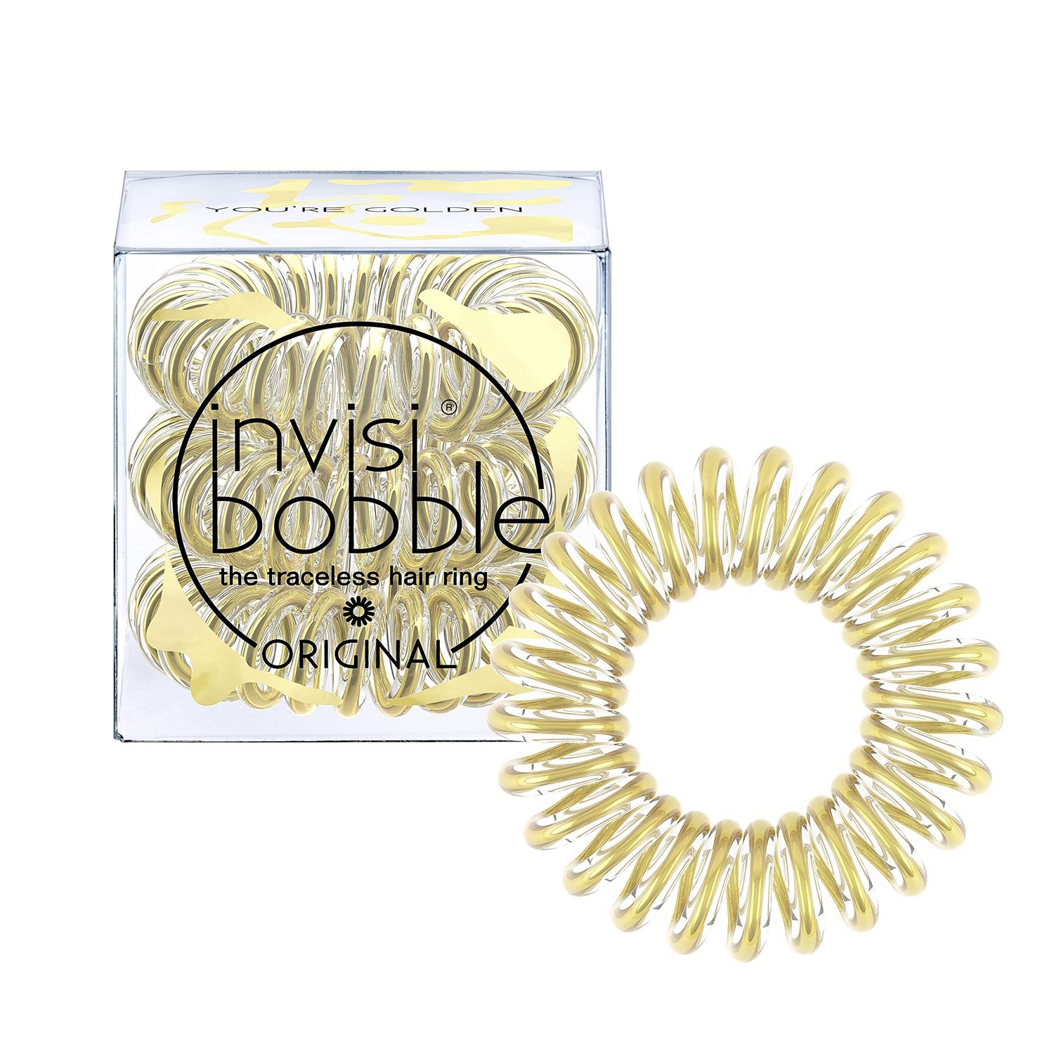 invisibobble Original Time to Shine Edition Traceless Spiral Hair Ties with Strong Grip, Non-Soaking, Hair Accessories for Women - Youre Golden (Pack of 3)