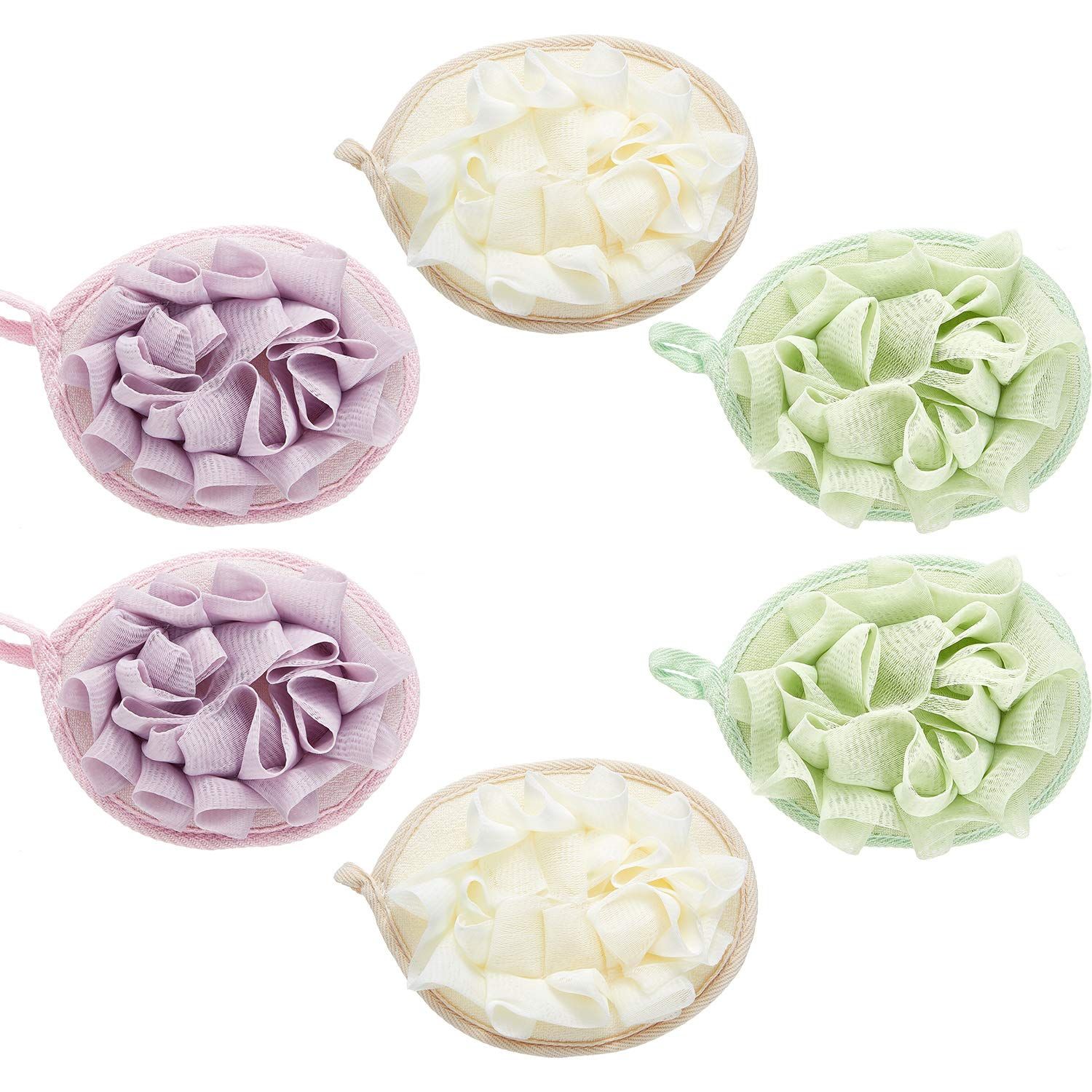 Boao 6 Pcs Bath Shower Pouf Sponge Mesh Pouf Shower Ball Exfoliating Body Sponge Pad Shower Scrubber Ball Shower Glove with Flower Bath Ball (Beige,Green,Purple)