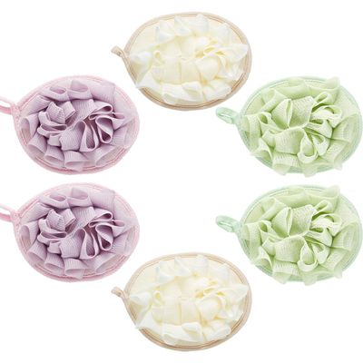 Boao 6 Pcs Bath Shower Pouf Sponge Mesh Pouf Shower Ball Exfoliating Body Sponge Pad Shower Scrubber Ball Shower Glove with Flower Bath Ball (Beige,Green,Purple)