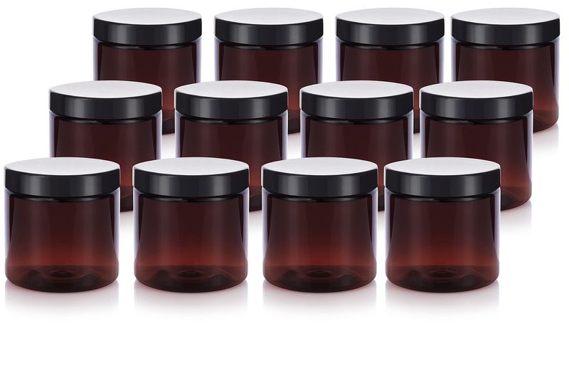 4 oz Amber PET Plastic Staight Sided Jar with Black Smooth Lid (12 pack)