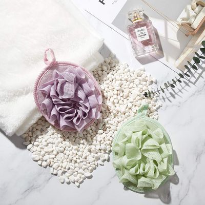 Boao 6 Pcs Bath Shower Pouf Sponge Mesh Pouf Shower Ball Exfoliating Body Sponge Pad Shower Scrubber Ball Shower Glove with Flower Bath Ball (Beige,Green,Purple)