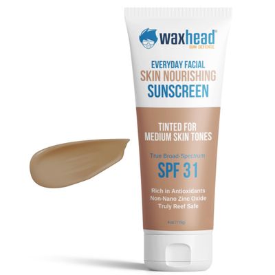 Waxhead Tinted Zinc Oxide Sunscreen For Face - Non-Toxic Mineral Sunscreen For Face, Facial BB Cream Tinted Moisturizer With SPF 31, Protector Solar Para la Cara con Color (Sheer Glow Medium Tint 4oz)