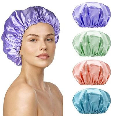SMILCO 4 Pack Shower Caps, Double Waterproof Layers Reusable Bath Caps for Women Hair Protection
