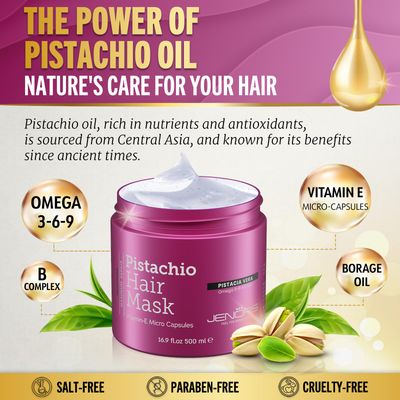 Jenoris Pistachio Hair Mask for Dry Damaged Hair - Deep Conditioning Hair Mask Treatment with Pistachio Oil & Vitamin E, For Color-Treated Hair, For Hair Repair, Paraben & Salt Free, 16.9 Fl Oz