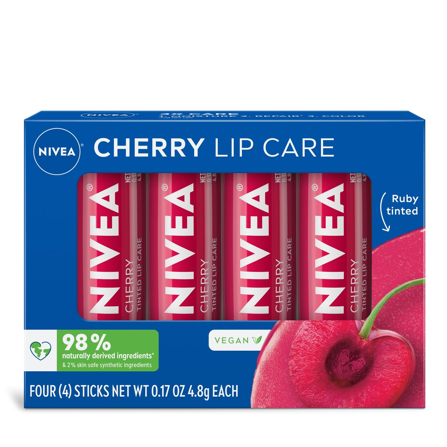 NIVEA Cherry Lip Care, Tinted Lip Balm Pack with Shea Butter, Nourishing Oils and Vitamin C &amp; E, 3-in-1 Moisture, Repair (for Dry Lips) and Color, 0.17 Oz Stick, Pack of 4