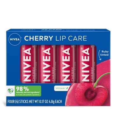 NIVEA Cherry Lip Care, Tinted Lip Balm Pack with Shea Butter, Nourishing Oils and Vitamin C &amp; E, 3-in-1 Moisture, Repair (for Dry Lips) and Color, 0.17 Oz Stick, Pack of 4
