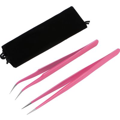 Hotop 2 Pieces Straight and Curved Tip Tweezers Eyelash Extension Tweezers, Stainless Steel False Lash Application Tools (Pink)