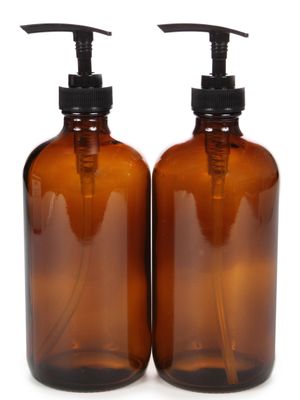 Vivaplex, 2, Large, 16 oz, Empty, Amber Glass Bottles with Black Lotion Pumps