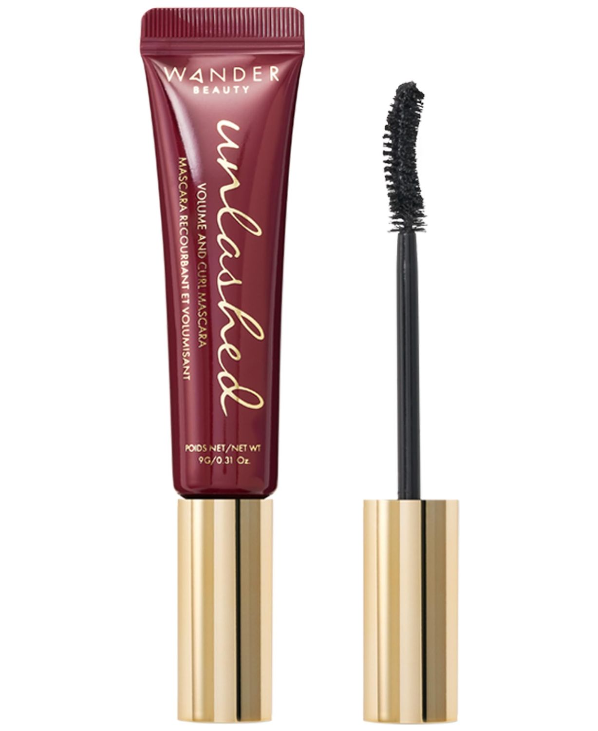 Wander Beauty Unlashed Volume &amp; Curl Mascara - Volumizing, Lash Curling Mascara - 9 in 1 Multitasking Smudge-Proof Black Mascara - Nourish &amp; Reduce Fallout With Peach Leaf, Vitamin E &amp; B5 - 0.31 fl oz