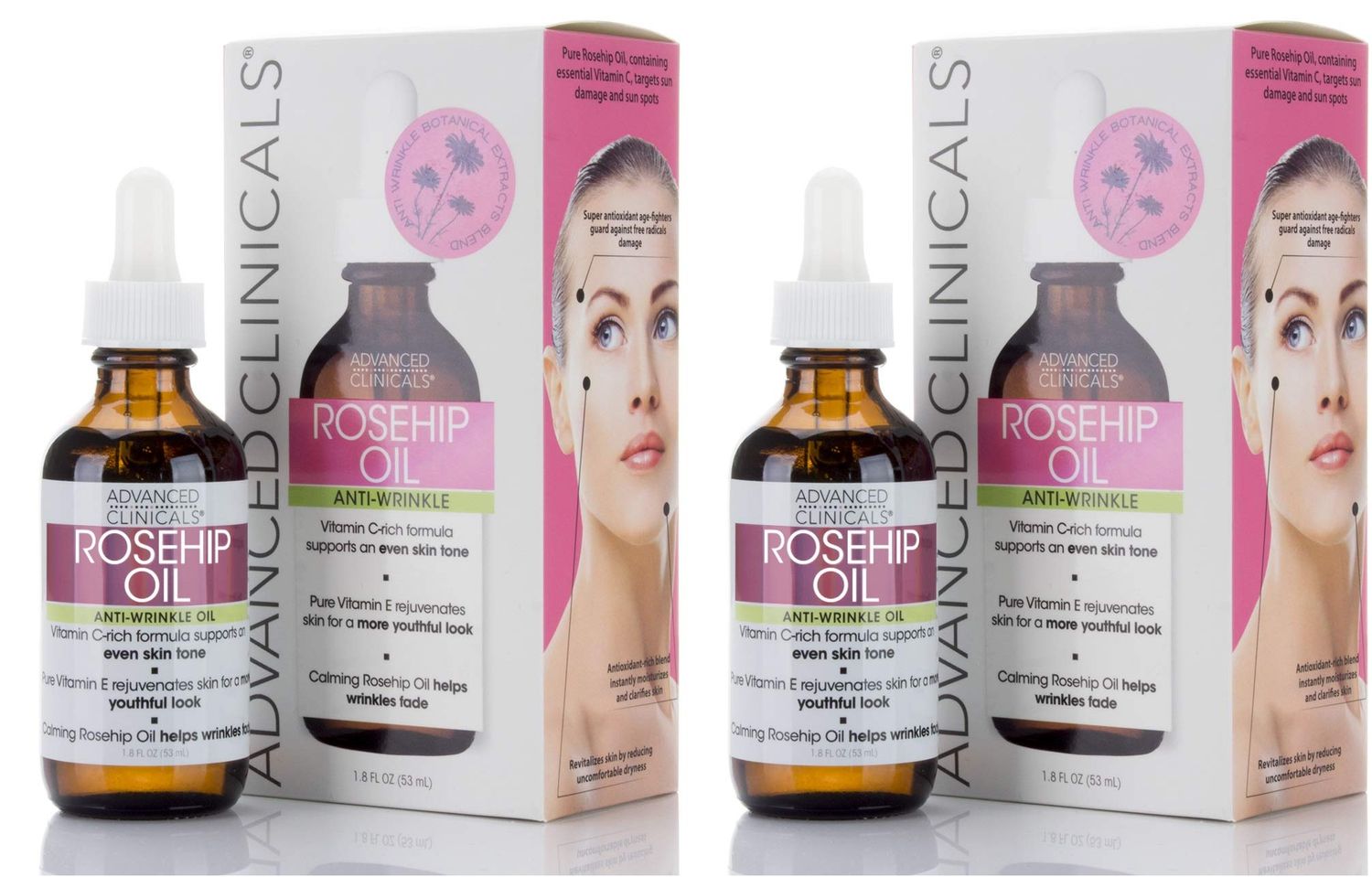 Advanced Clinicals Rosehip Oil Facial Skin Care Serum Moisturizer Face Oil W/Vitamin C &amp; Vitamin E For Reducing Appearance Of Sun Damage Skin, Age Spots, &amp; Wrinkles, 1.8 Fl Oz (Pack of 2)