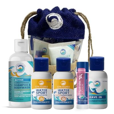 EcoConscious Travel Kit Body &amp; Hair Care Gift Set | Shampoo &amp; Body wash | Conditioner | SPF30, SPF20 and Mineral Sunscreen | SPF 30 Cucumber Mint and Hydrate Cherry Vanilla Lip Balm by Stream2Sea