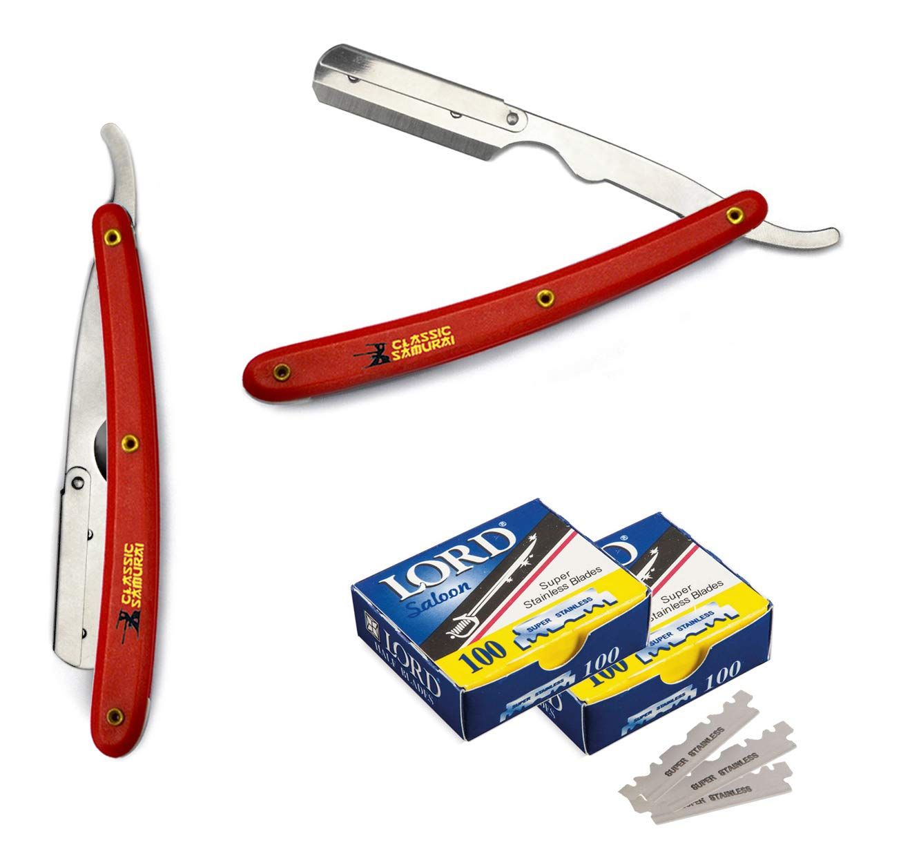Classic Samurai Stainless Steel Professional Barber Folding Straight Edge Razor Shavette Men&#39;s Shaving Kit with 200 Count Lord Single Razor Blades (Red)
