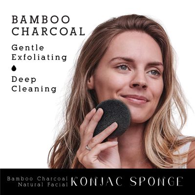 Pursonic Natural Konjac Bamboo Charcoal Facial Sponge for Gentle Face Cleansing and Exfoliation, Helps with Clogged Pores 100% Bio-Degradable,Vegan Products, 2- Pack