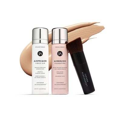 MagicMinerals AirBrush Foundation Set by Jerome Alexander - 3pc Set Includes Primer, Foundation and Kabuki Brush - Spray Makeup with Anti-aging Ingredients for Smooth Radiant Skin (Warm Medium)