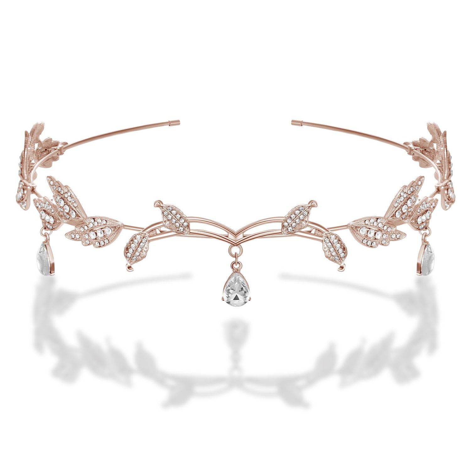 SWEETV Rhinestone Leaf Wedding Tiara Headband for Brides, Rose Gold Crown Headband for Pageants Wedding Prom Birthday