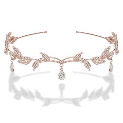 SWEETV Rhinestone Leaf Wedding Tiara Headband for Brides, Rose Gold Crown Headband for Pageants Wedding Prom Birthday