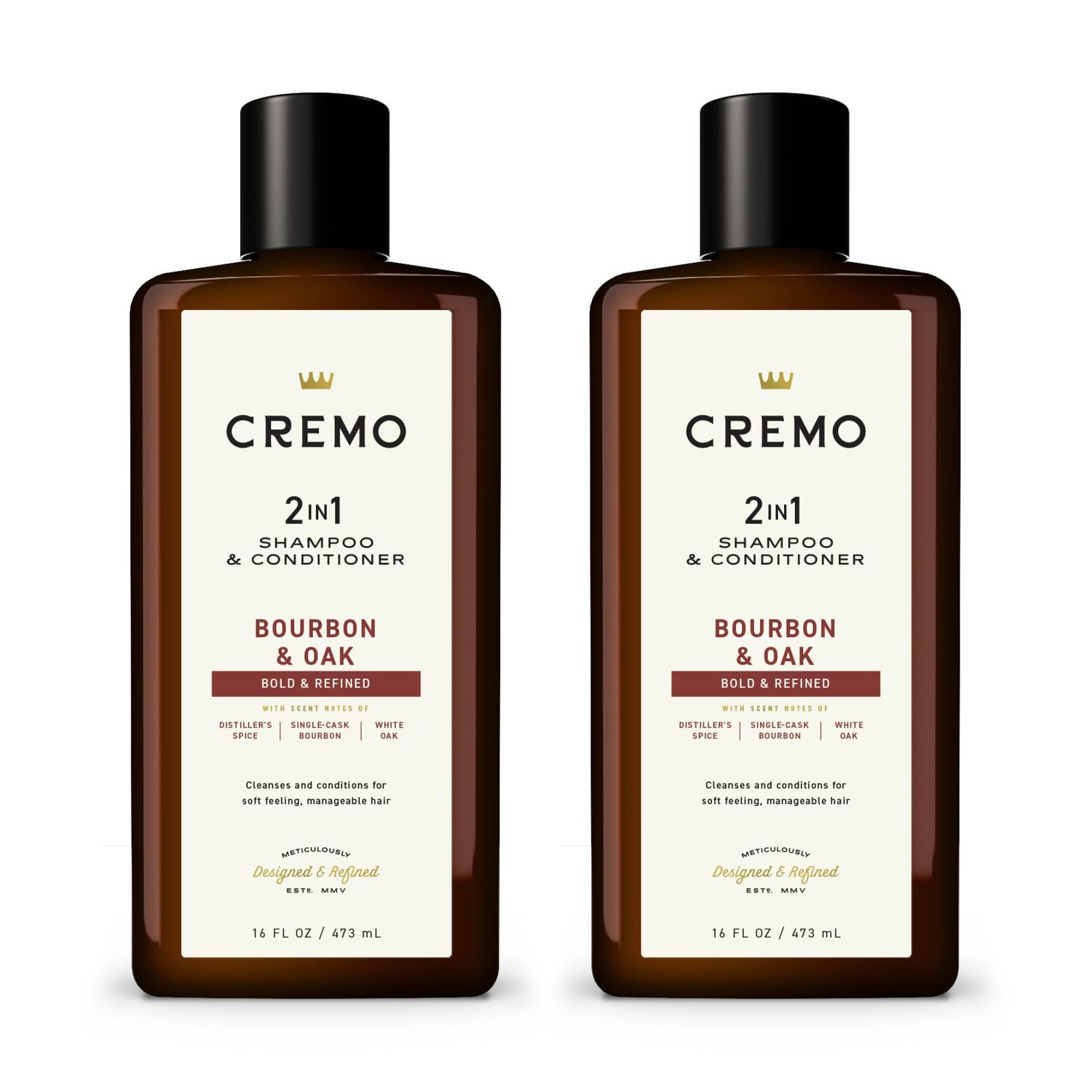 Cremo Bourbon &amp; Oak Barber Grade 2-in-1 Shampoo &amp; Conditioner, 16 Fl Oz (2-Pack) - A Sophisticated Blend of Distillers Spice, Fine Bourbon and White Oak