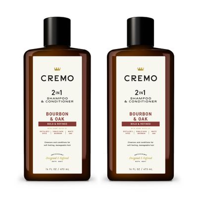 Cremo Bourbon &amp; Oak Barber Grade 2-in-1 Shampoo &amp; Conditioner, 16 Fl Oz (2-Pack) - A Sophisticated Blend of Distillers Spice, Fine Bourbon and White Oak