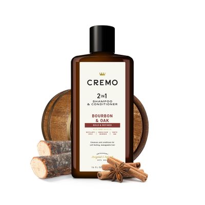 Cremo Bourbon & Oak Barber Grade 2-in-1 Shampoo & Conditioner, 16 Fl Oz (2-Pack) - A Sophisticated Blend of Distillers Spice, Fine Bourbon and White Oak