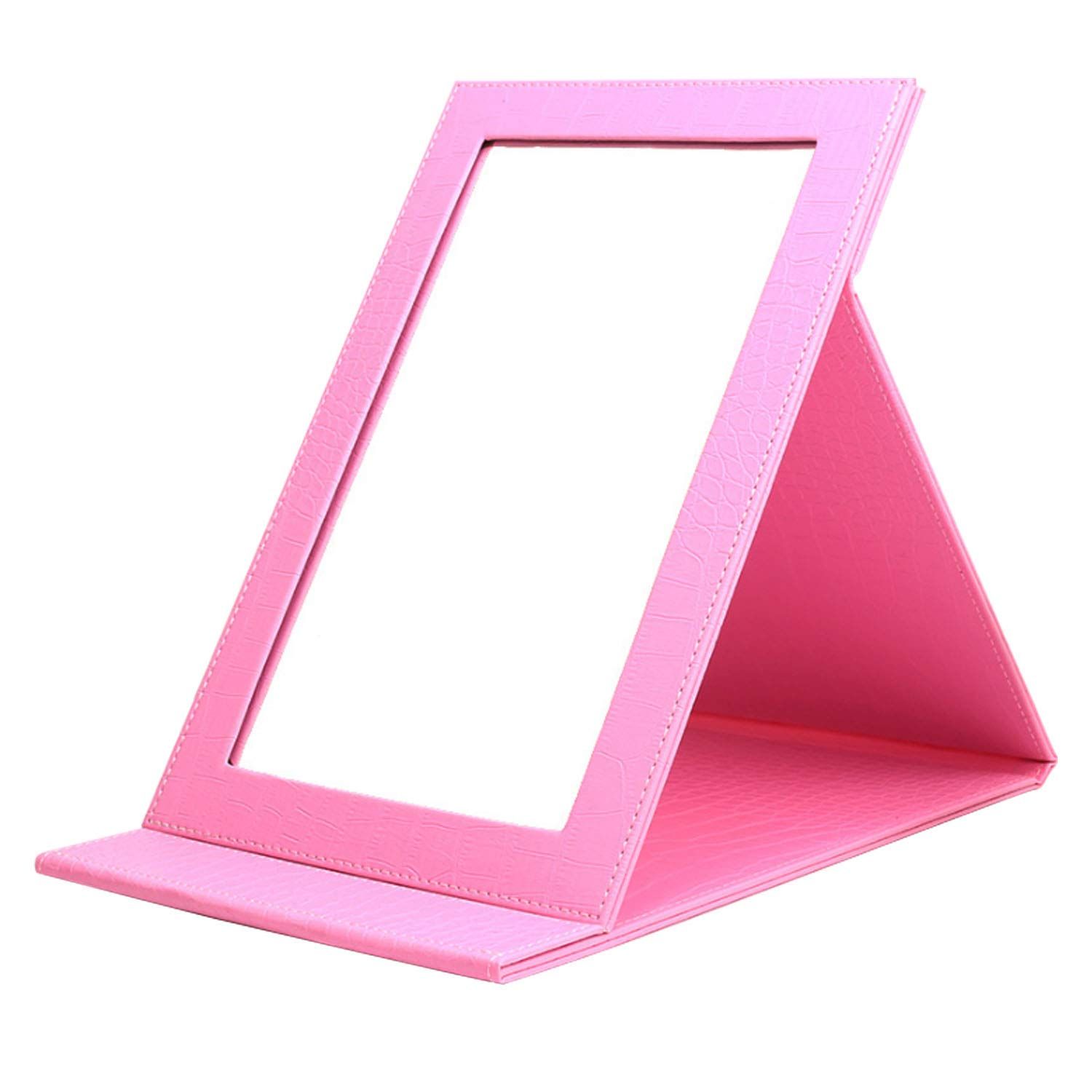 Mouyor Portable Folding Vanity Mirror,Desktop Folding Mirror with Adjustable PU Leather Stand-Pink