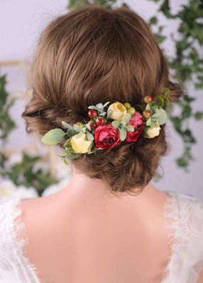 Anglacesmade Bridal Flower Hair Comb Burgundy Dark Red Flower Yellow Bud Eucalyptus Headpiece for Spring Wedding Photo Shoot Bride Bridesmaids Flower Girls Hair Accessories