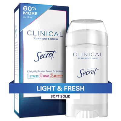 Secret Clinical Strength Antiperspirant Deodorant for Women, 3X Stress Protection, 72hr Sweat &amp; Odor Protection, PH Balancing Minerals, Soft Solid, Light &amp; Fresh Scent, 2.6 oz