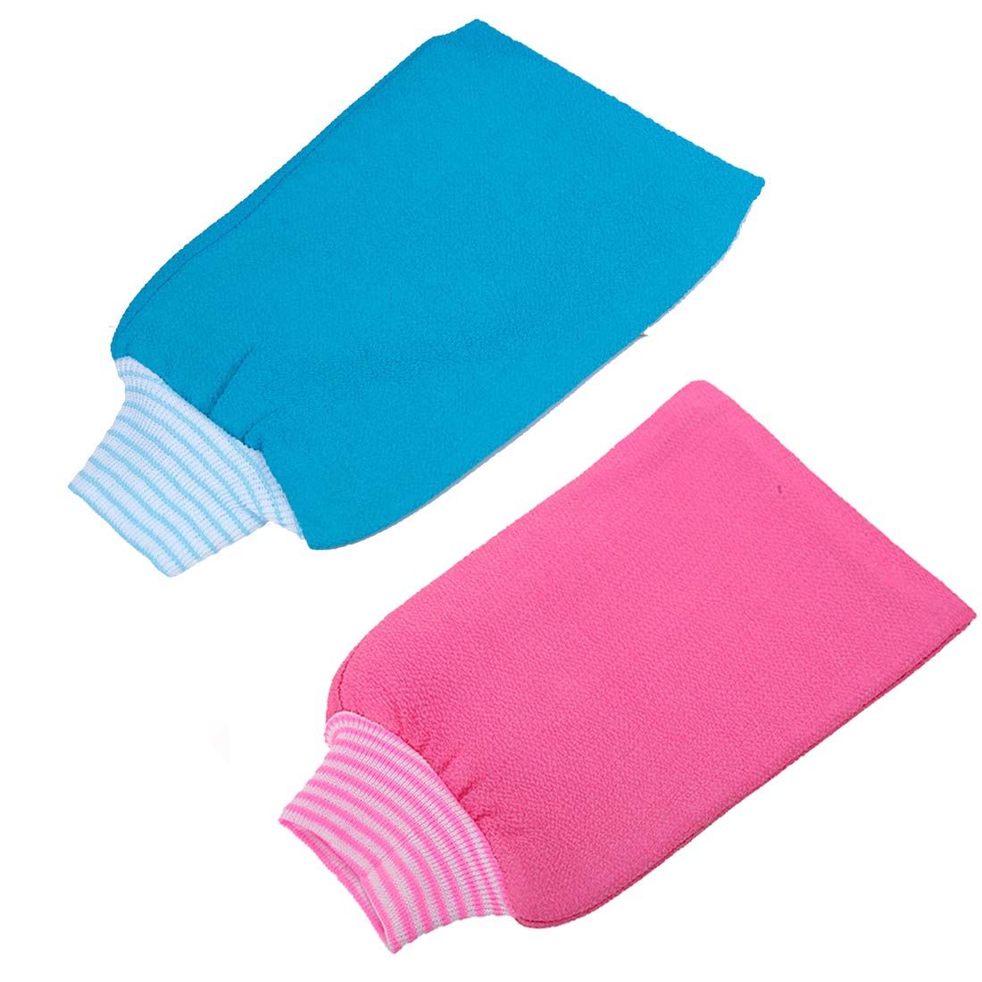 LISSOMPLUME 2 Pack Mens Body Exfoliating Bath Mitt Hammam Shower Gloves Hand Scrub Towel for Women Rose Red &amp; Blue