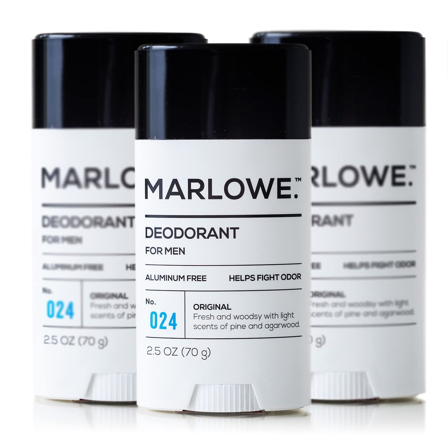 MARLOWE. No. 024 Mens Deodorant 2.5 oz (3 Pack) Natural Deodorant for Men, Aluminum Free Stick, Made with Coconut Oil, Shea Butter &amp; Jojoba, Only No-Nonsense Ingredients, Fresh &amp; Woodsy Scent